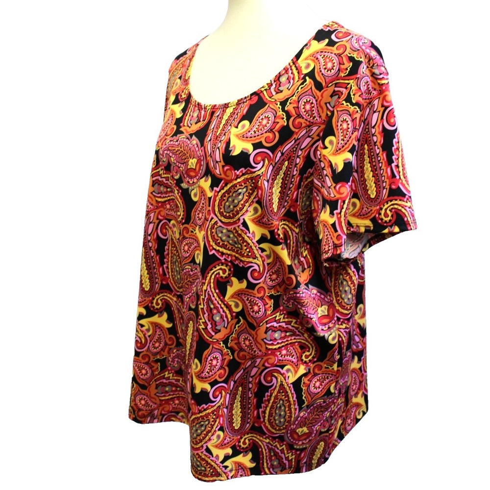 Elementz Women Top 2X Blouse Short Sleeve Work Knit T-Shirt Paisley Black Orange